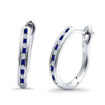 Half Eternity Hoop Earrings Round Simulated Blue Sapphire Cubic Zirconia 925 Sterling Silver (14mm)